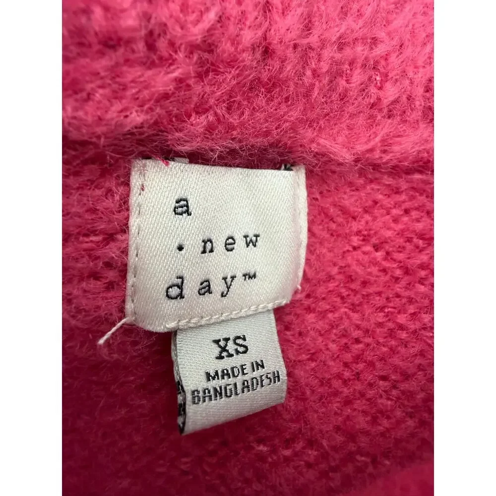 A New Day Fuzzy Knit Sweater XS Bright Pink Crew Neck Pullover NWOT